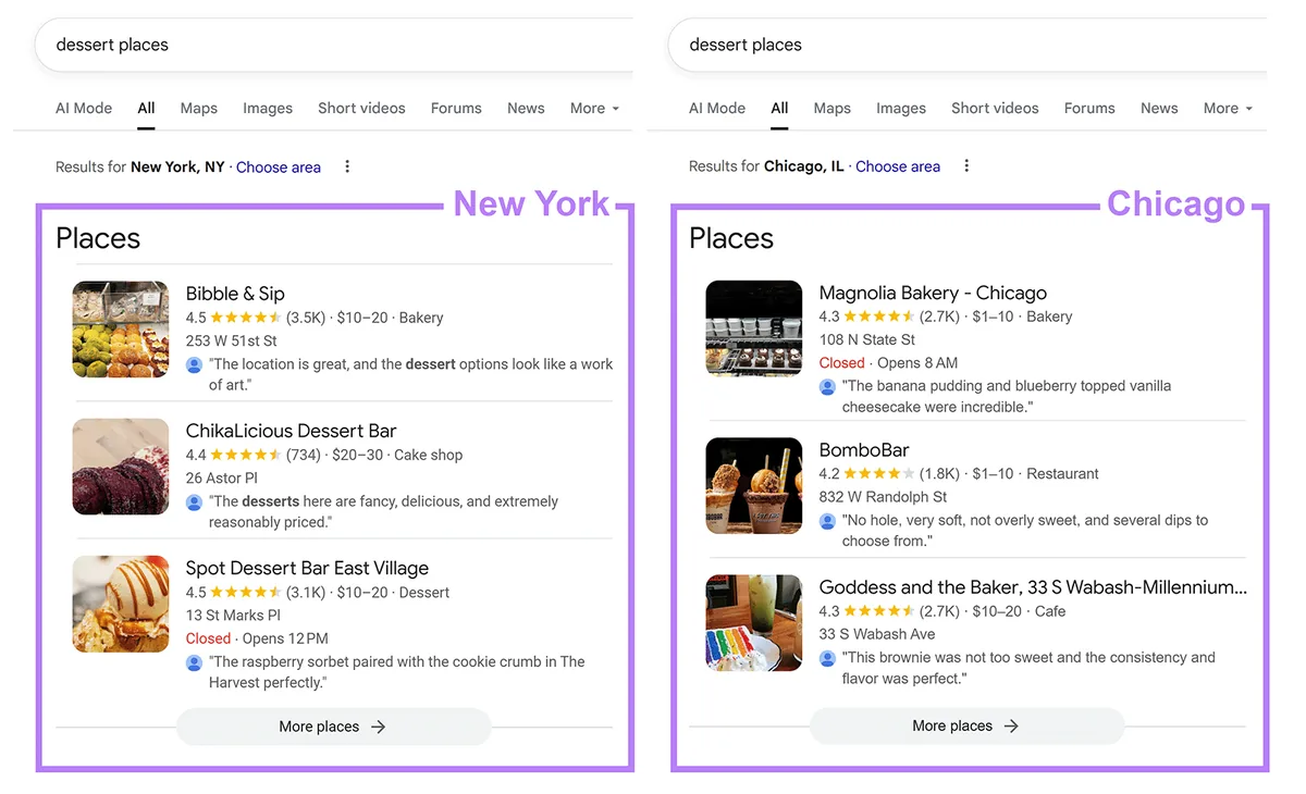 “dessert places”在纽约与芝加哥的 Google 结果对比,并排展示本地商家列表。