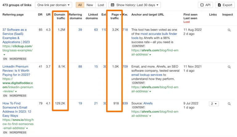 Backlinks 报告中的流量