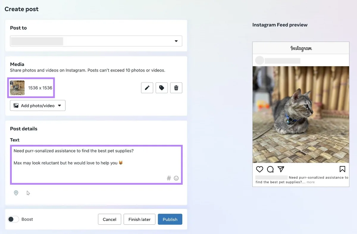 Meta Business Suite 上的“Create post”窗口,左侧显示已选媒体和输入的文字,右侧为帖子预览。