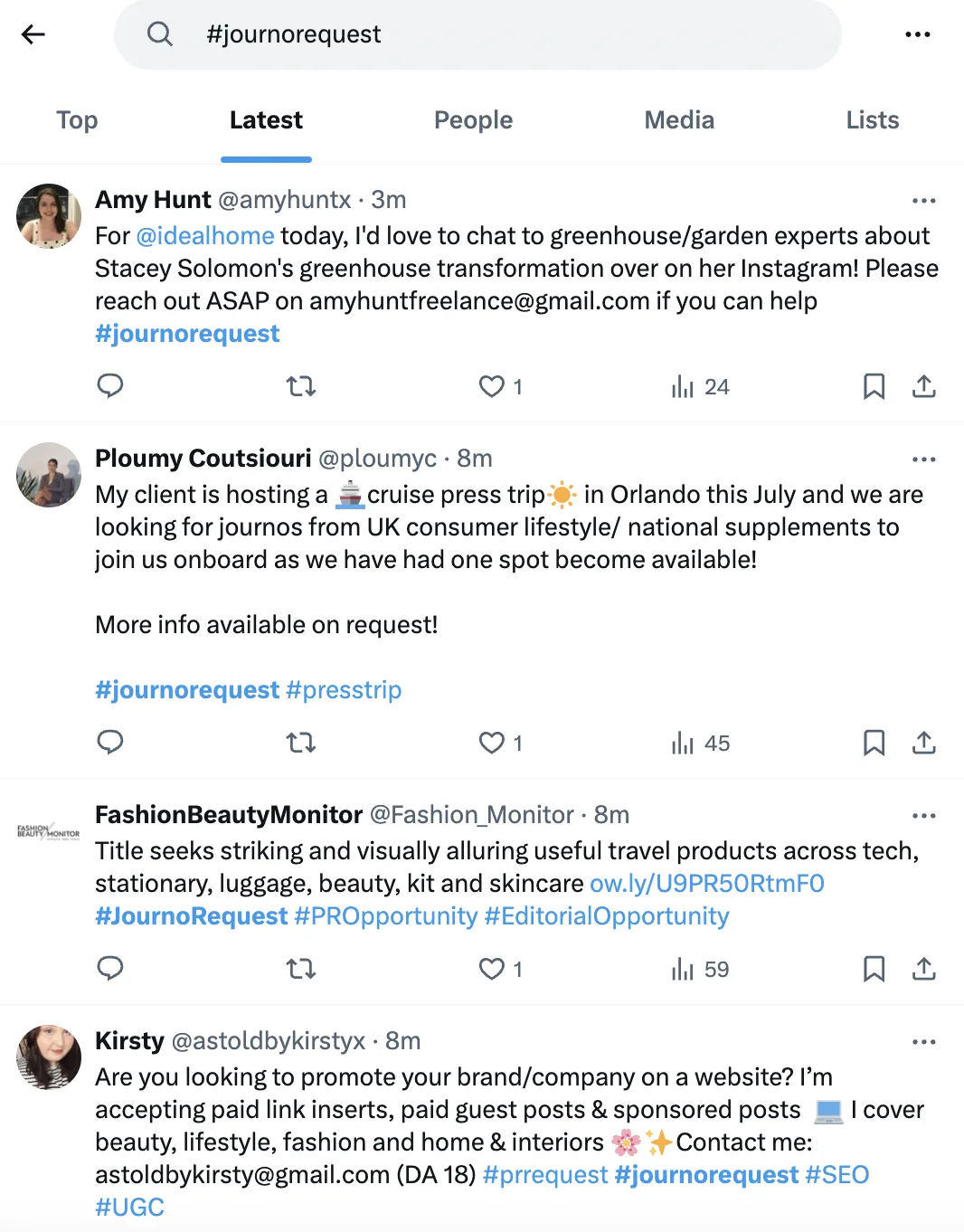 X (Twitter) 搜索结果，搜索栏输入“#journorequest”，显示使用该话题标签的账号帖子。
