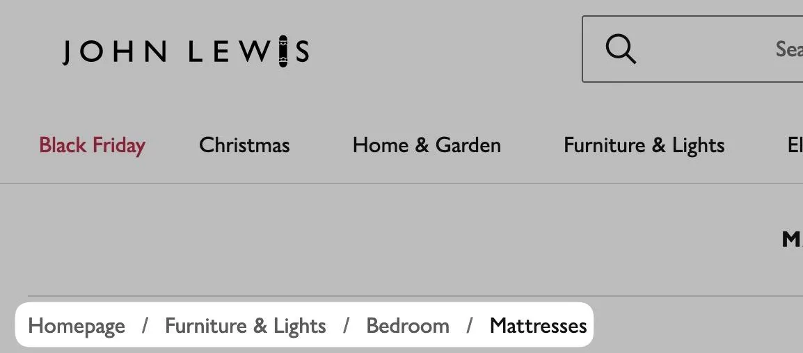 John Lewis 网站上的面包屑导航