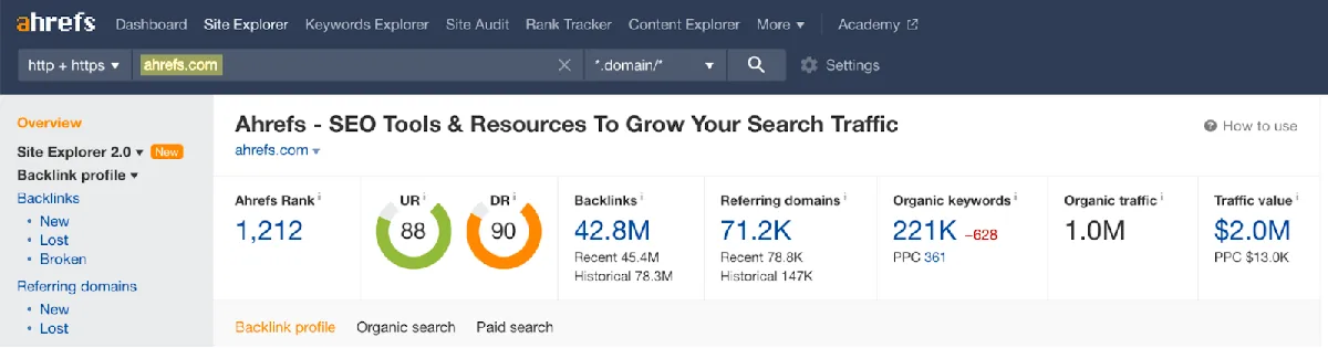 在 Site Explorer 中搜索 Ahrefs.com