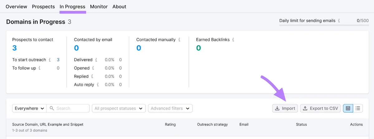 Link Building Tool 中的“进行中”标签页