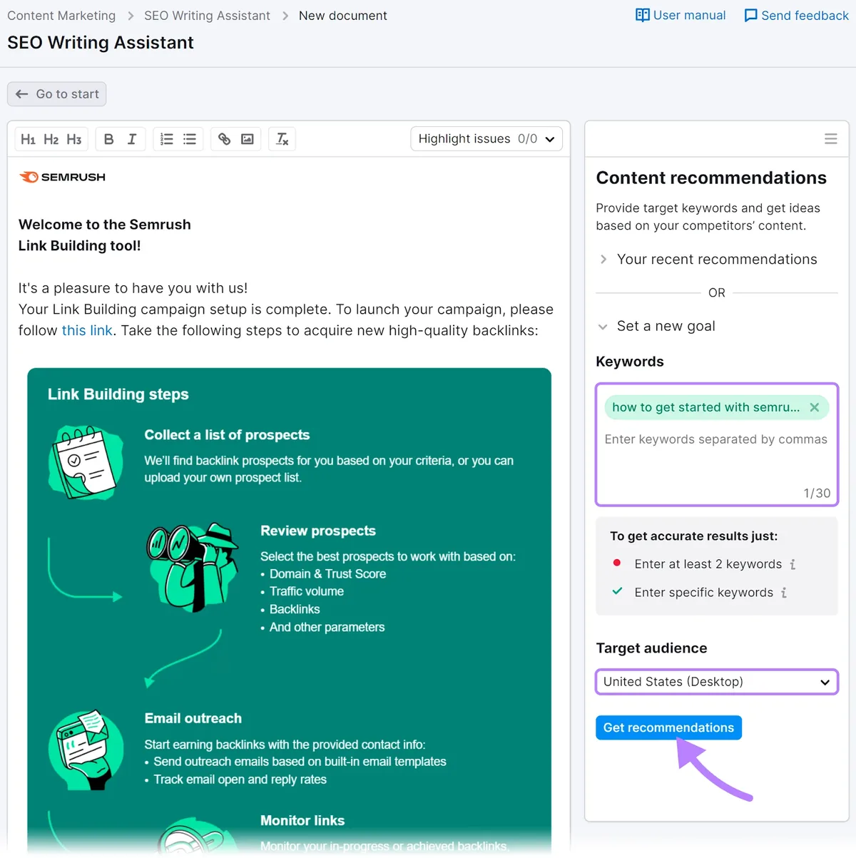 在 SEO Writing Assistant 的“Keywords”部分下添加的“how to get started with semrush”