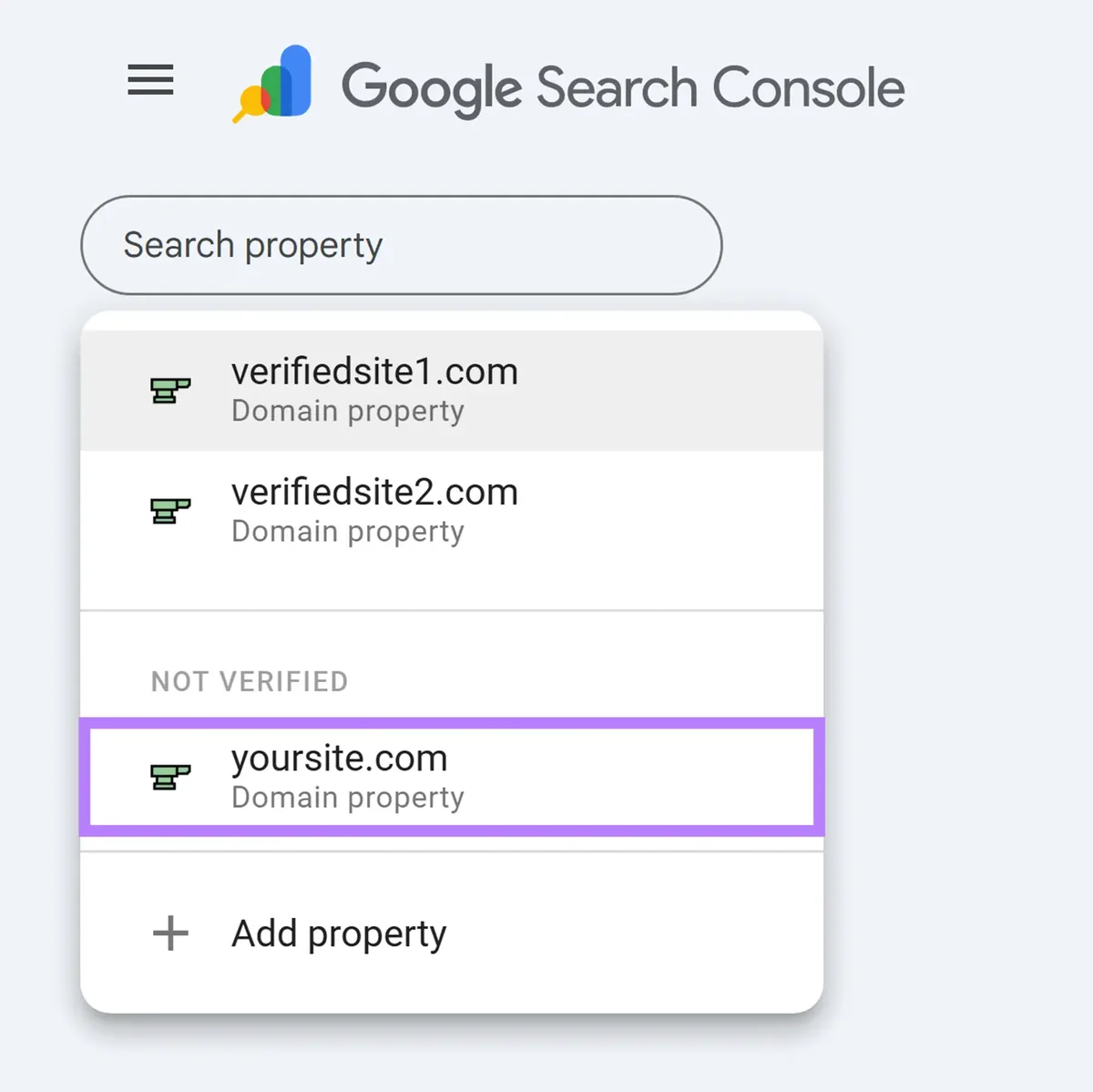 Google Search Console 资源列表,在 Not Verified 部分显示 yoursite.com