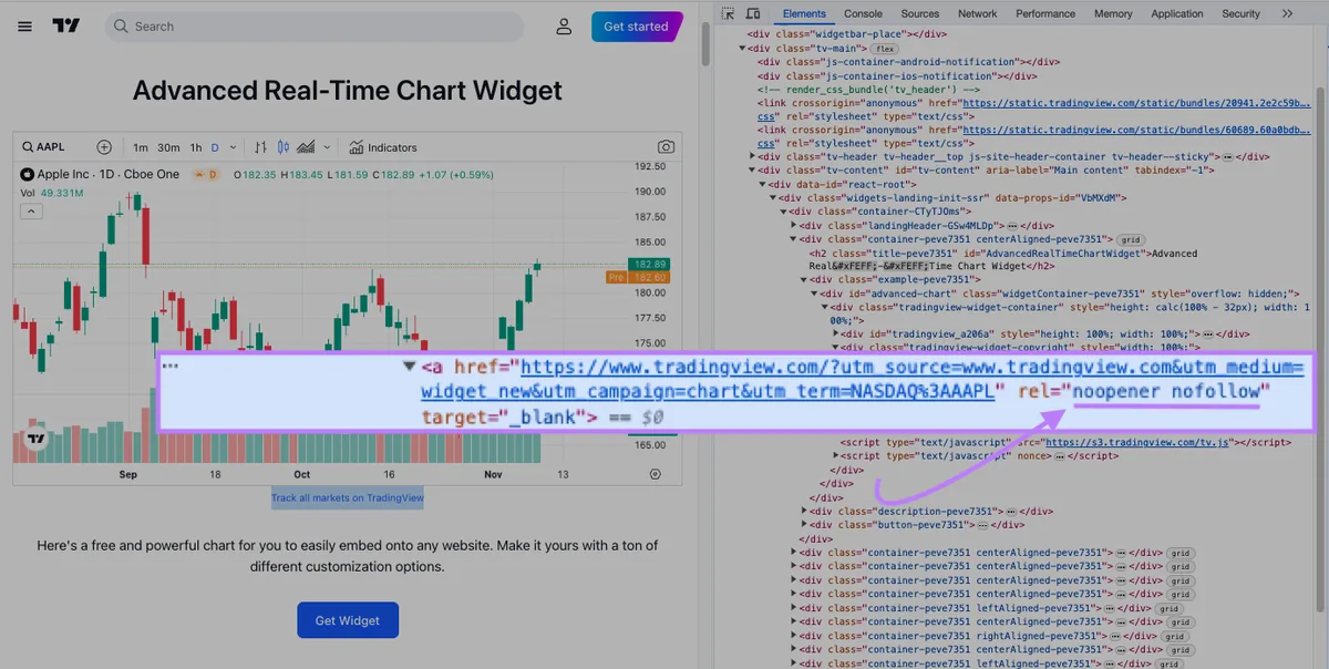 TradingView 股价小组件中突出显示的一条 nofollow 链接