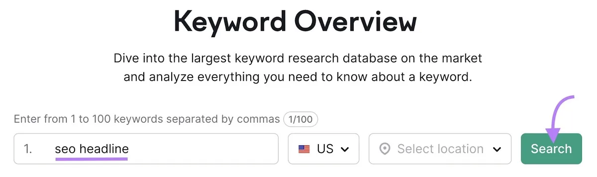 Keyword Overview 工具中“seo headline”的搜索