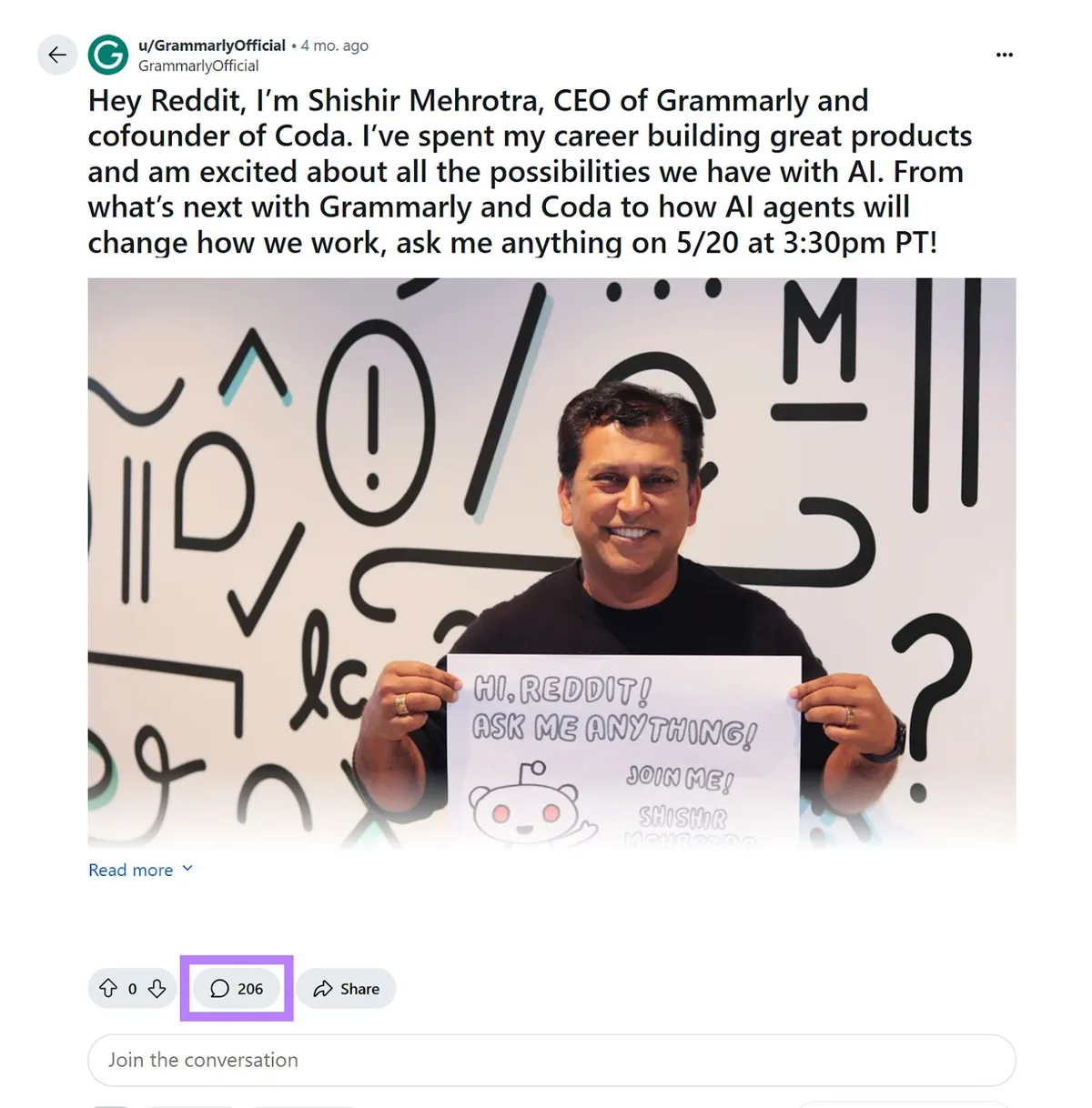 Grammarly CEO 的 AMA 帖子,含手持标牌的照片,206 条评论已高亮显示。