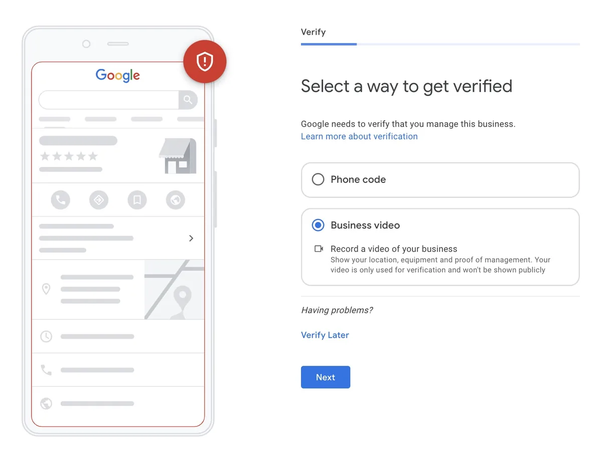 设置 Google Business Profile 过程中的验证页面,选项包括通过电话验证码或商家视频验证。