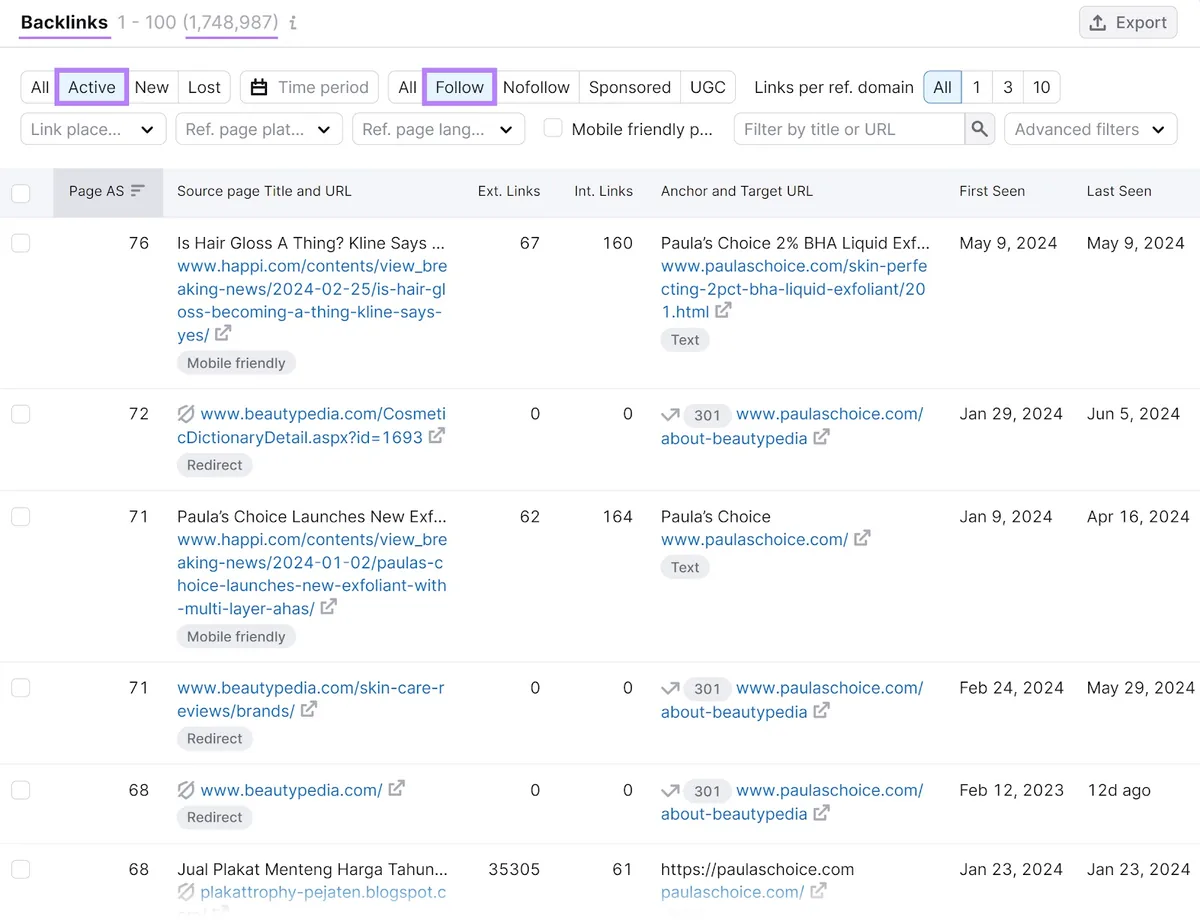Backlinks 工具的“Backlinks”部分，“Active”和“Follow”筛选器被突出显示
