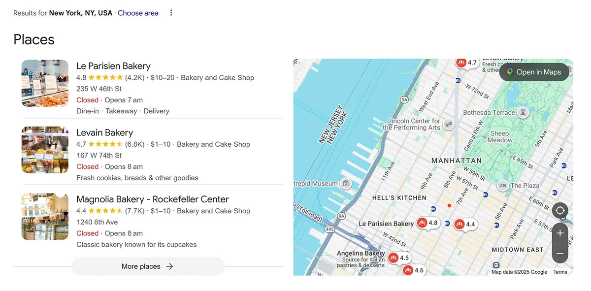 Google 搜索结果展示前三个本地商家列表。