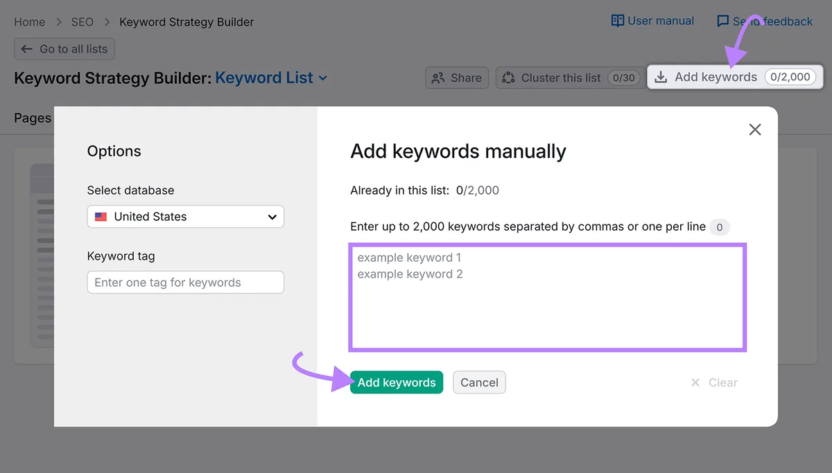 Semrush Keyword Strategy Builder 中用于手动向列表添加关键词的窗口