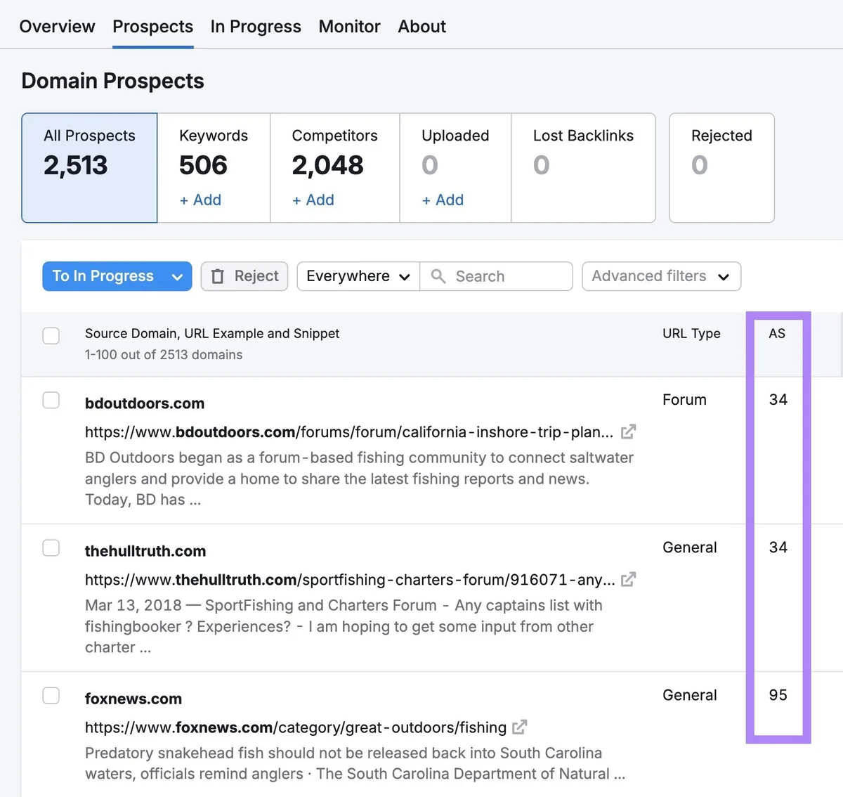Link Building 工具“Prospects”标签页上权威评分列高亮。