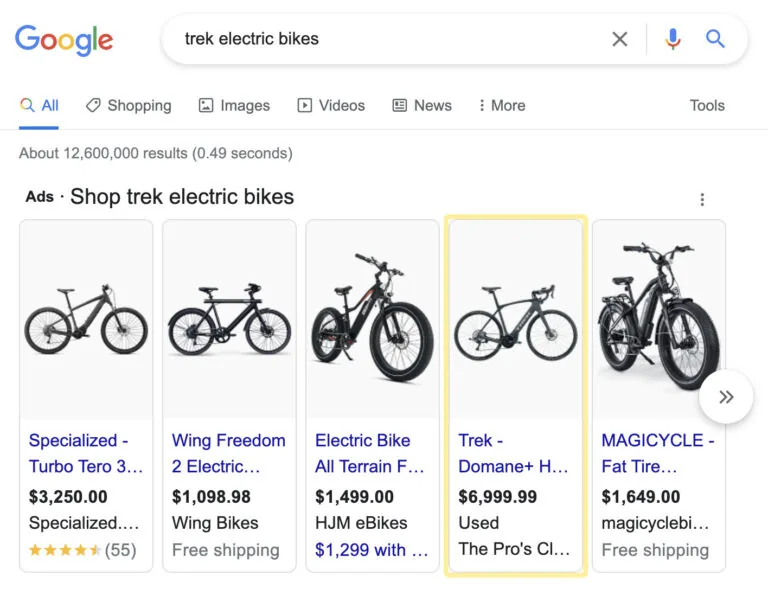 Google 搜索结果页面上“trek electric bikes”的广告