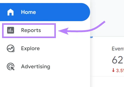 从 Google Analytics 左侧菜单中选中的 Reports