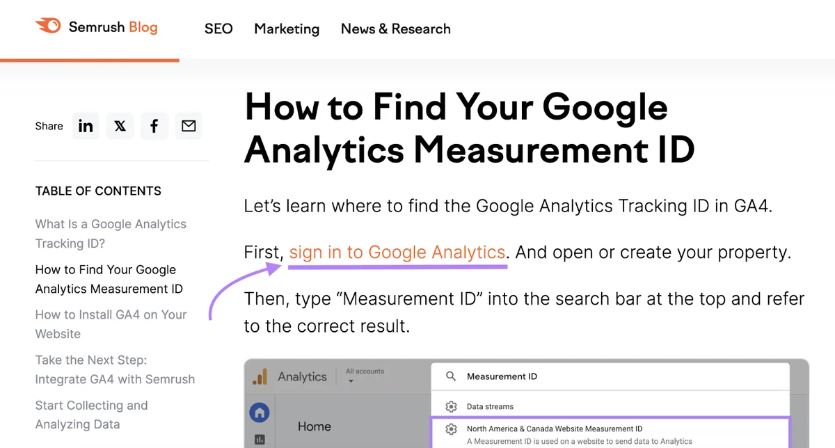 Semrush 博客文章的外链写着“sign in to Google Analytics.”。
