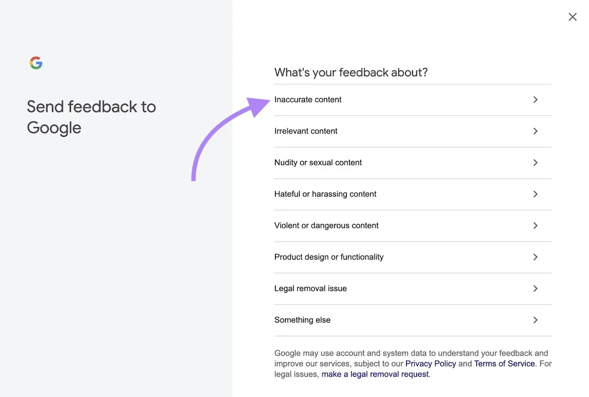 “Send feedback to Google”窗口,从列表中点击“Inaccurate content”。