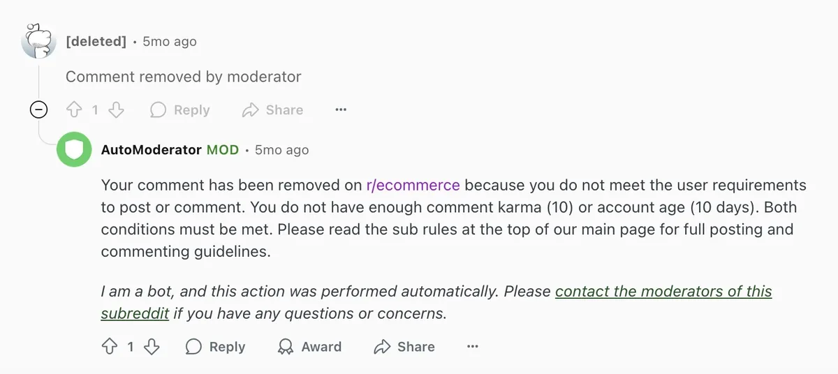 一条被 AutoModerator 删除的评论,原因是评论者的评论 karma 或账号时长不足。