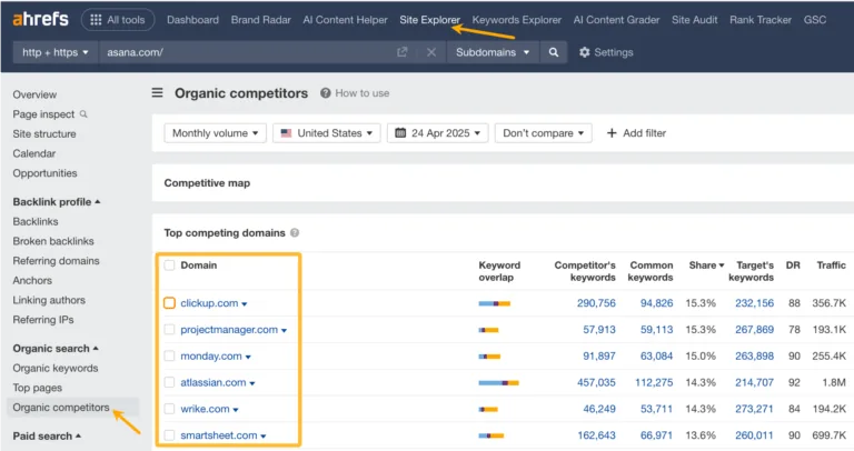 Ahrefs 中的自然搜索竞争对手报告。