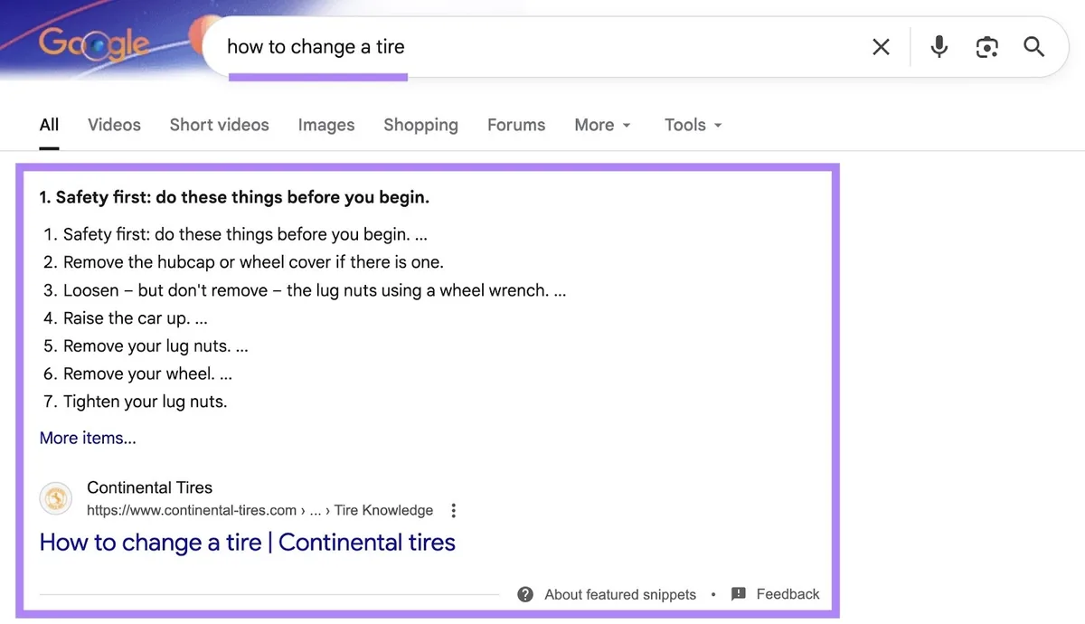 词条“how to change a tire”的 Google 搜索结果页面,精选摘要显示为顶部结果。