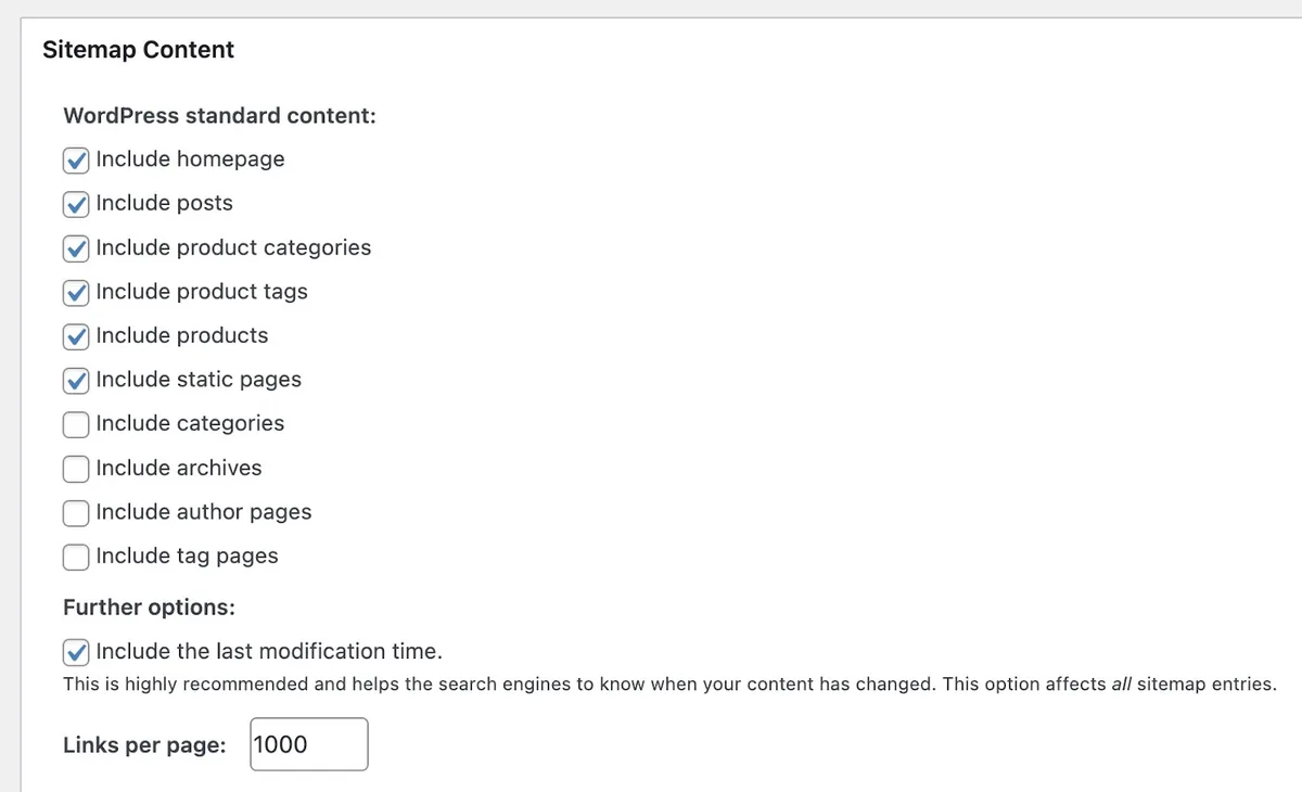 WordPress 上 XML-Sitemap Generator for Google 插件的站点地图内容配置设置。