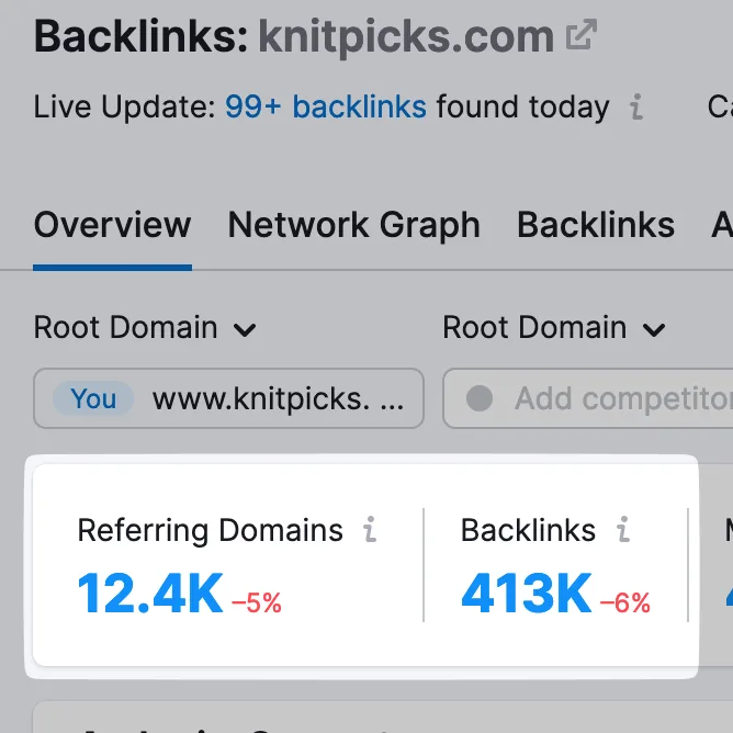 Backlinks 概览报告中的“Referring Domains”和“Backlinks”小组件