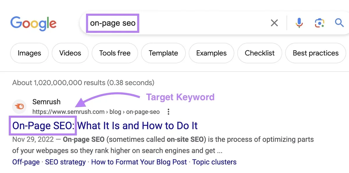 “on-page seo”的 Google 搜索结果，展示 Semrush 标题为“On-Page SEO: What It Is and How to Do It”的文章