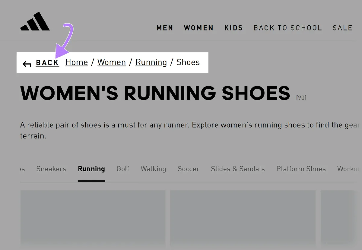 Adidas 页面，箭头指向面包屑路径 首页 > 女装 > 跑步 > 鞋履 上方的“返回”链接。