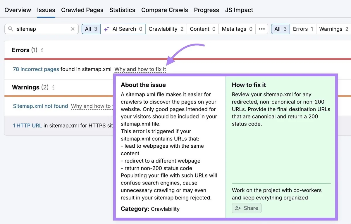 Site Audit 上的“Issues”标签页,点击站点地图错误旁的“Why and how to fix it”。