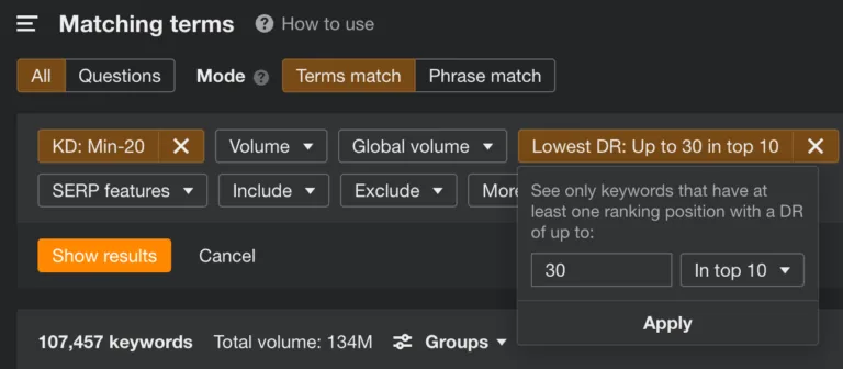 Keywords Explorer 中的“Lowest DR”筛选器