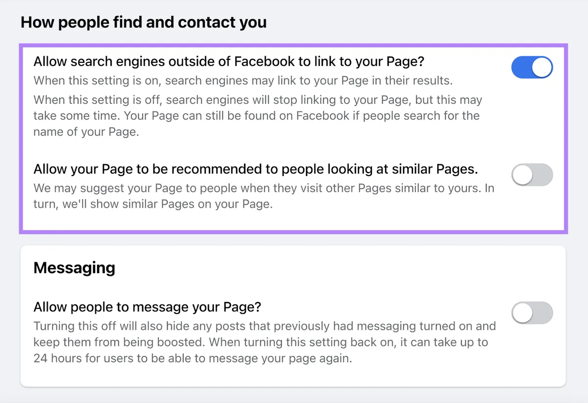 “允许 Facebook 之外的搜索引擎链接到你的页面”选项高亮显示