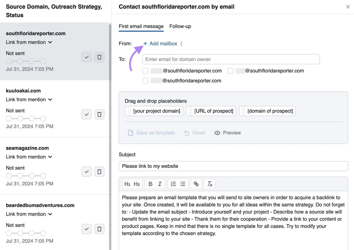 箭头指向 Link Building 工具中“First email message”下方的“+ Add mailbox”。