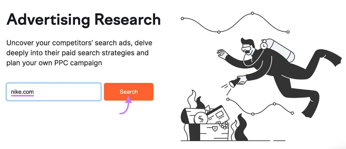 在 Advertising Research 搜索栏中输入的“nike.com”