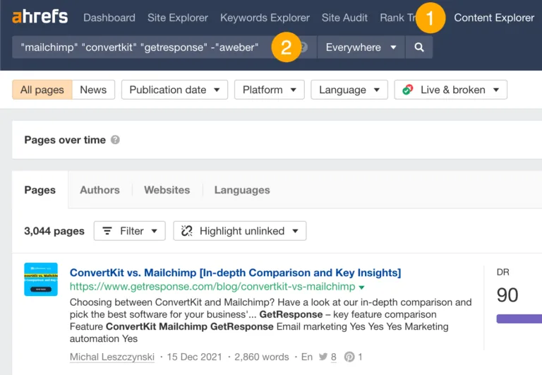 在 Ahrefs 的 Content Explorer 中查找竞争对手提及
