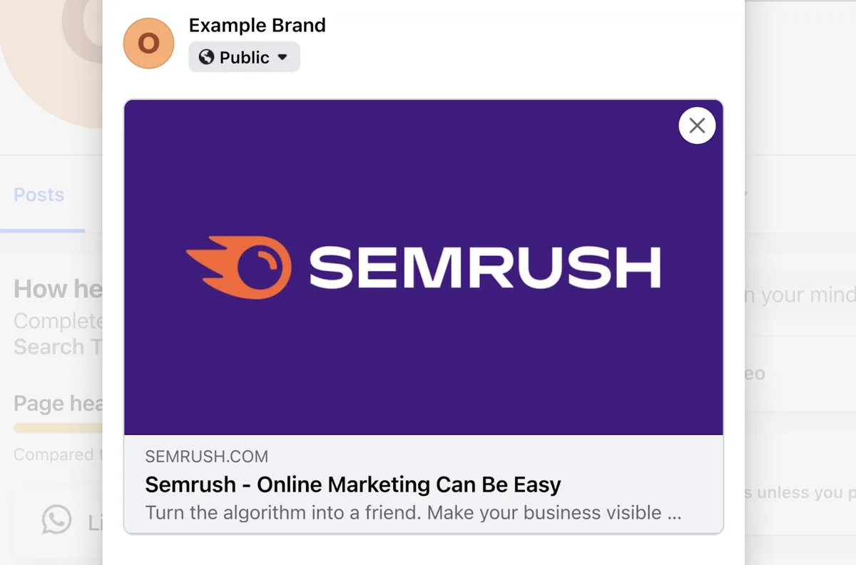 链接自动填充 Facebook 帖子，包含 Semrush 标志图片、标题“Semrush - 在线营销可以很简单”和元描述