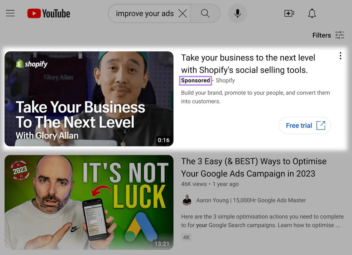 YouTube 搜索结果中的信息流视频广告