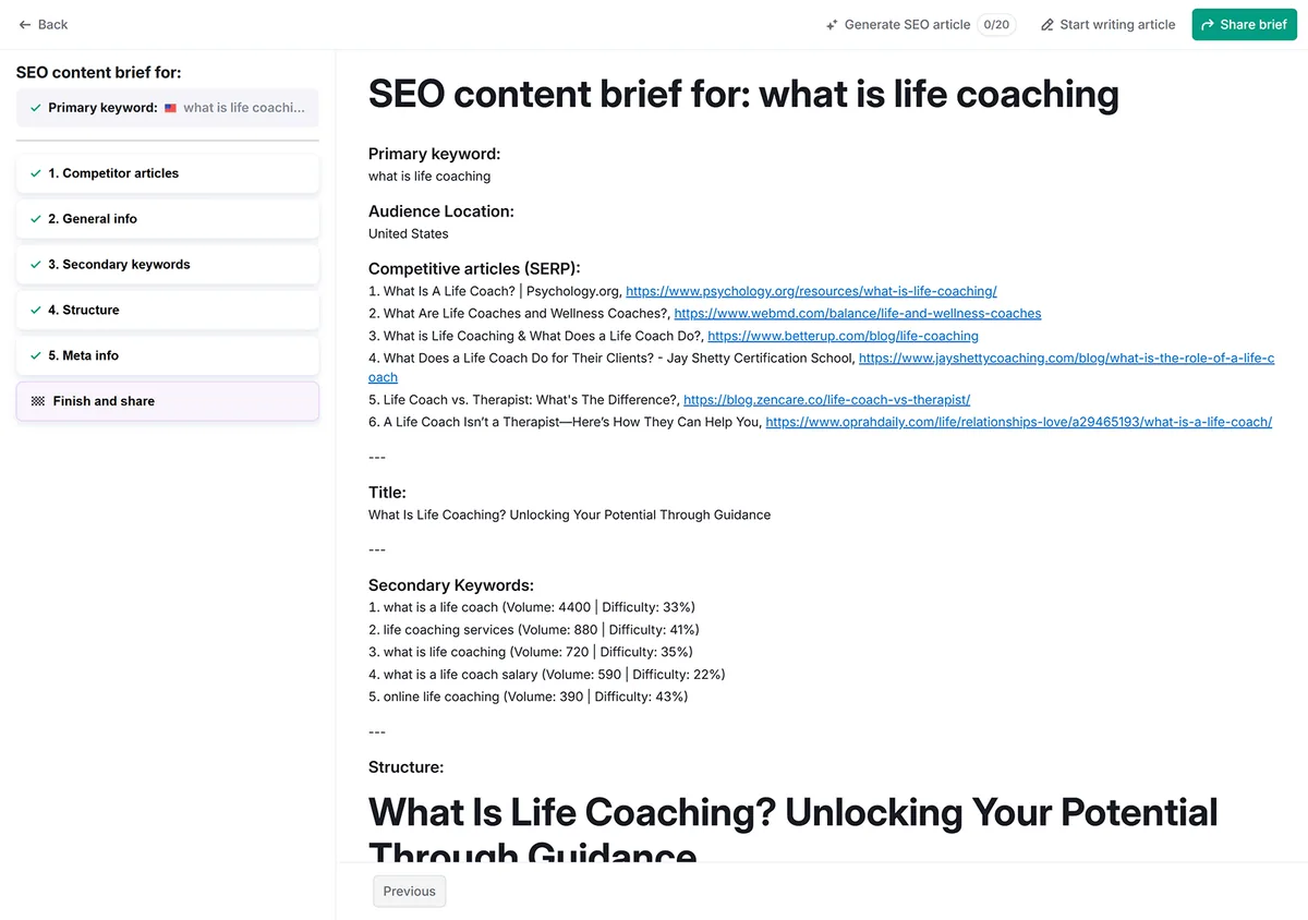 “what is life coaching”的 SEO 内容简报,含竞争对手链接、关键词和建议的文章结构