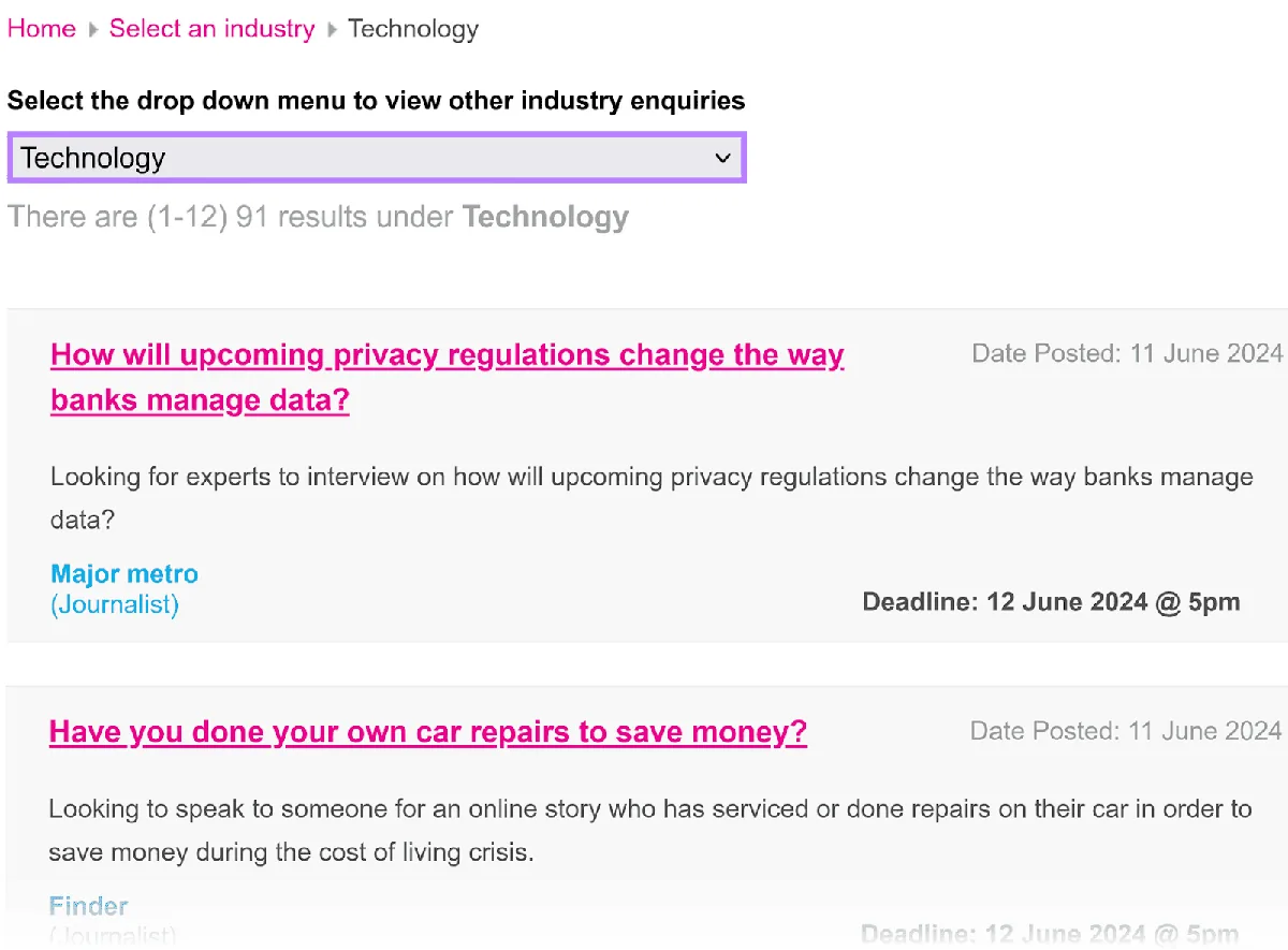 SourceBottle 网页，在“Technology”类别下提供投稿机会，以紫色边框高亮。