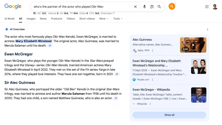 Google 搜索结果页面,显示关于 Obi-Wan Kenobi 演员伴侣的信息:Ewan McGregor 与 Mary Elizabeth Winstead 结婚,Alec Guinness 与 Merula Salaman 结婚。