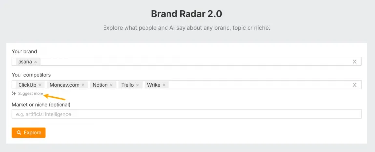 Ahrefs Brand Radar 2.0 的设置界面。它显示“Your brand”(你的品牌)和“Your competitors”(你的竞争对手)输入框,箭头指向“Suggest more”(推荐更多)功能,用于帮助识别竞争对手。