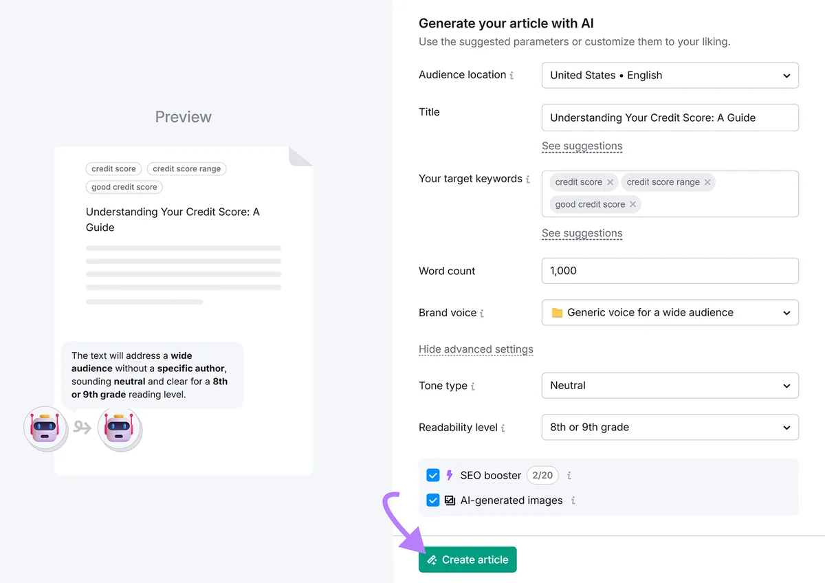 Semrush 的 AI Article Generator,含预览,箭头指向“Create article”按钮。