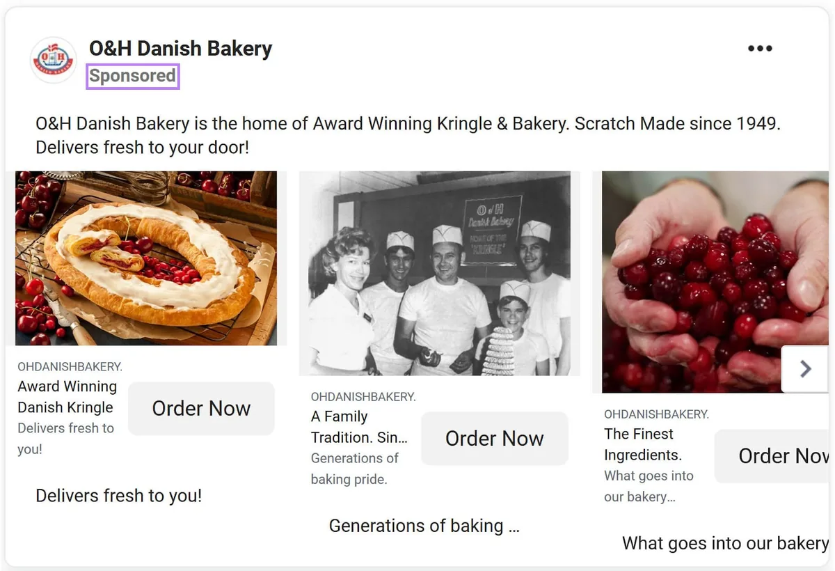 O&H Danish Bakery 在 Facebook 上的社交媒体广告