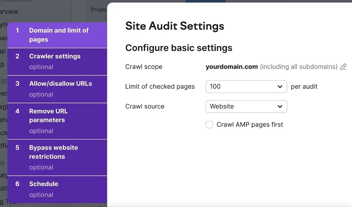 Site Audit 设置页面，用于设置抓取范围、来源和检查页面数量