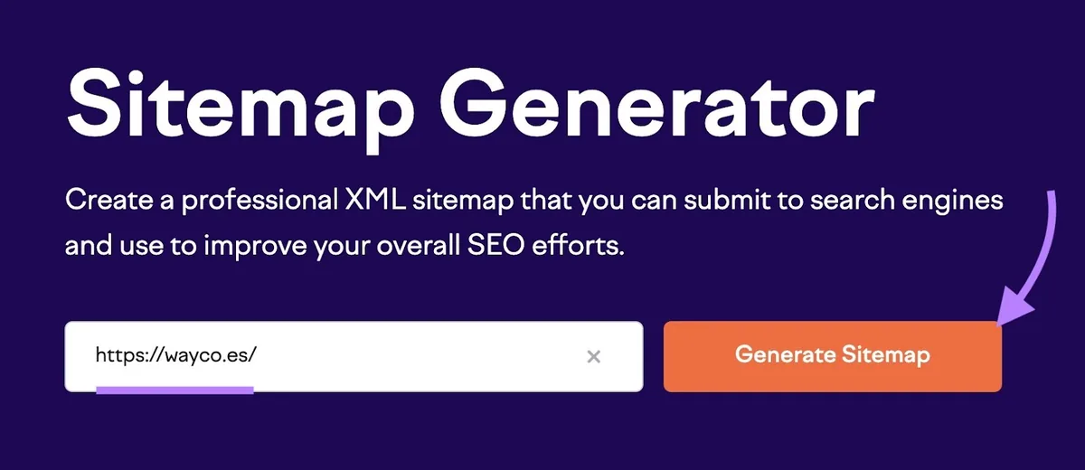 Semrush 的免费 Sitemap Generator 工具起始界面，已输入域名并点击“Generate Sitemap”。