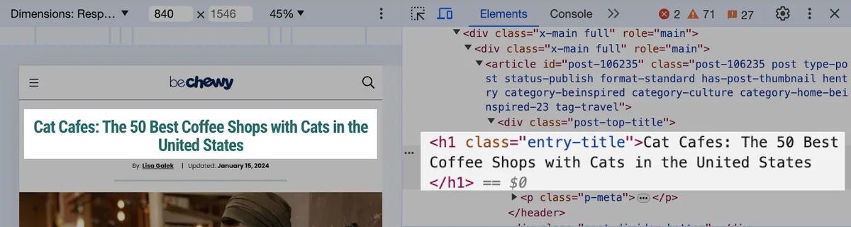 实时页面和页面 HTML 中显示的 H1 标签