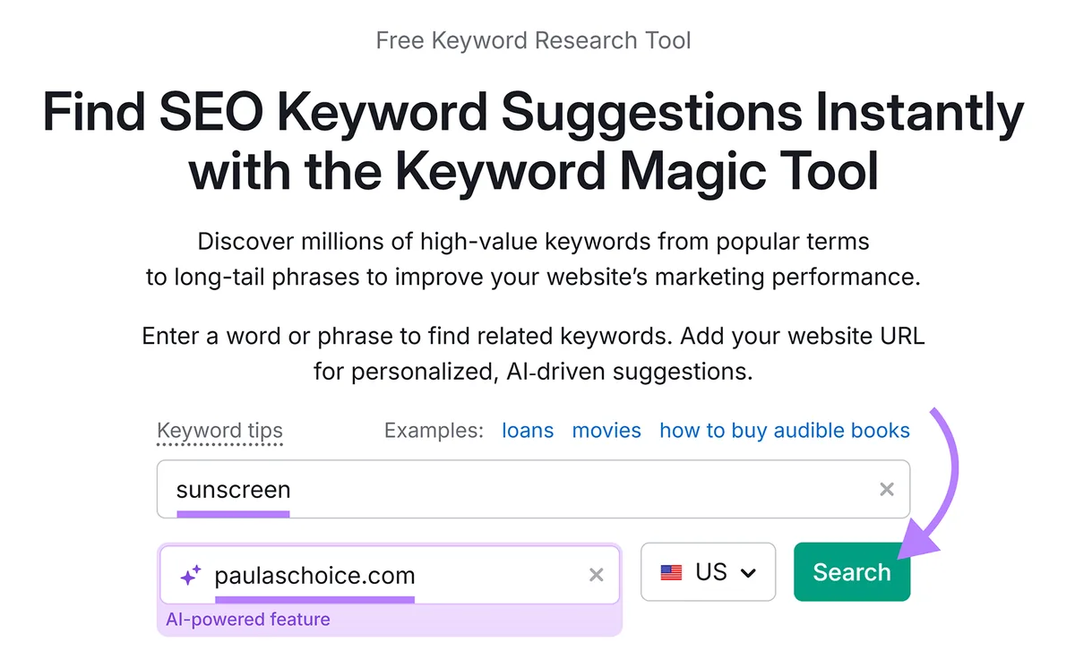 输入关键词和网站 URL 后，箭头指向“Search”按钮。