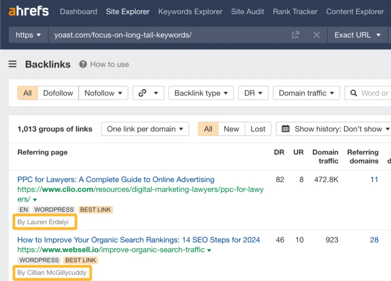 Site Explorer 报告中的作者姓名