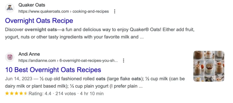 Google 上的富媒体摘要与普通结果对比。