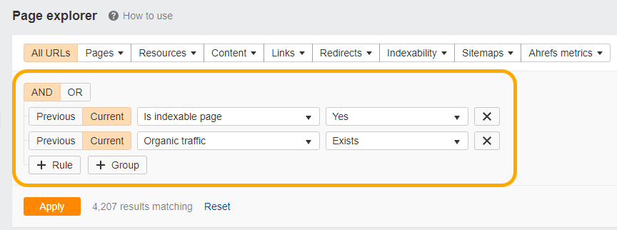 截图展示 Ahrefs Site Audit 工具中 Page Explorer 报告的自定义筛选