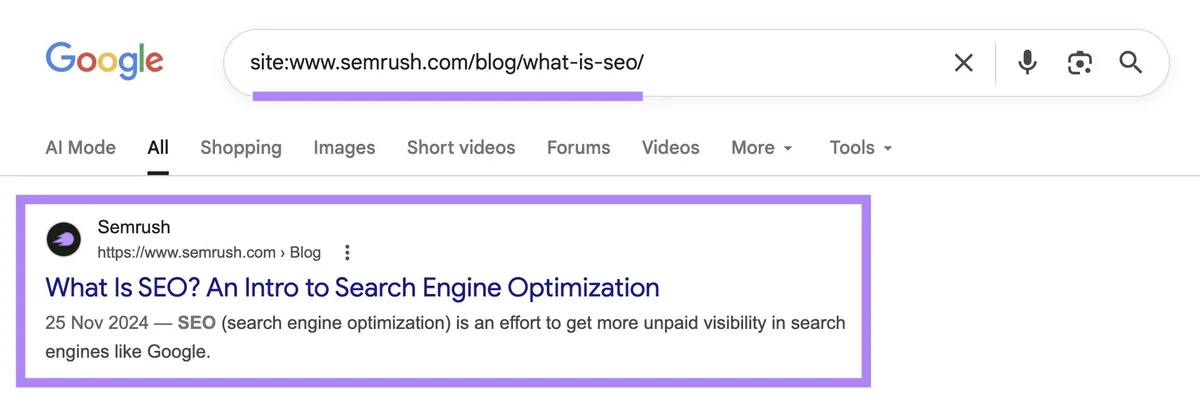 “site:www.semrush.com/blog/what-is-seo/”的搜索结果页面,突出显示顶部结果。